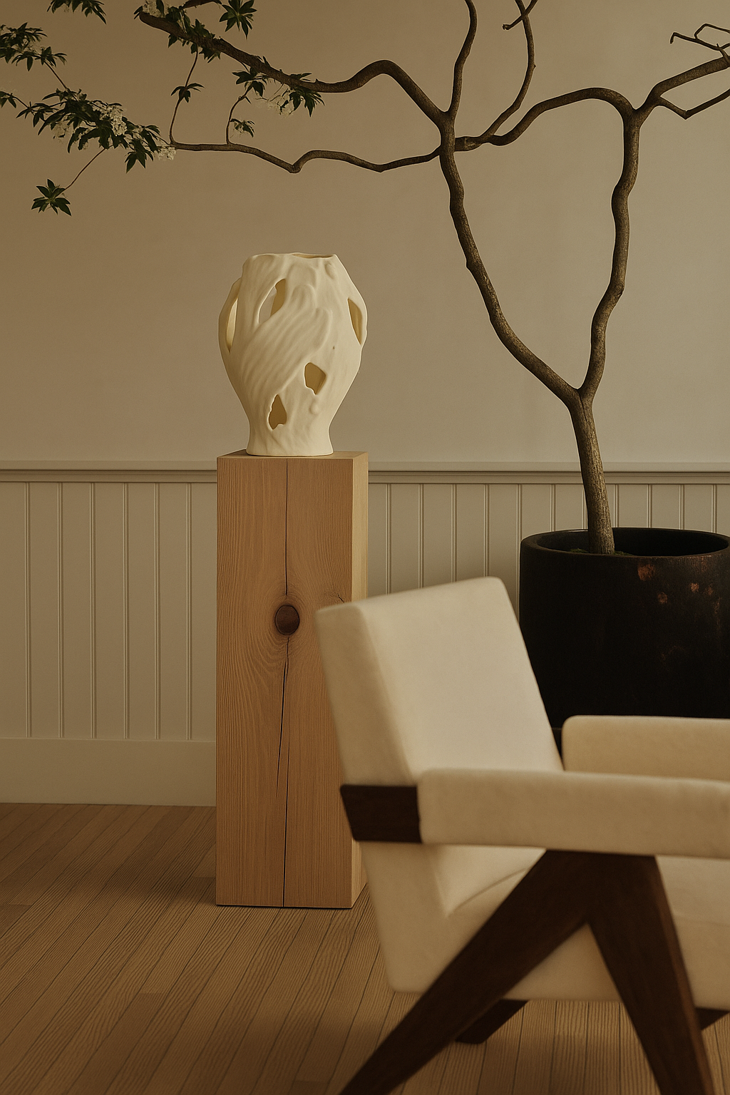Doğal Hatlı Krem Vazo – Minimalist ve Zarif Dekoratif Obje | Mugu Concept